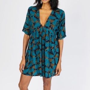 Natural Life Stella Deep V-Neck Boho Tunic Mini Dress Teal Ferns Size L/XL